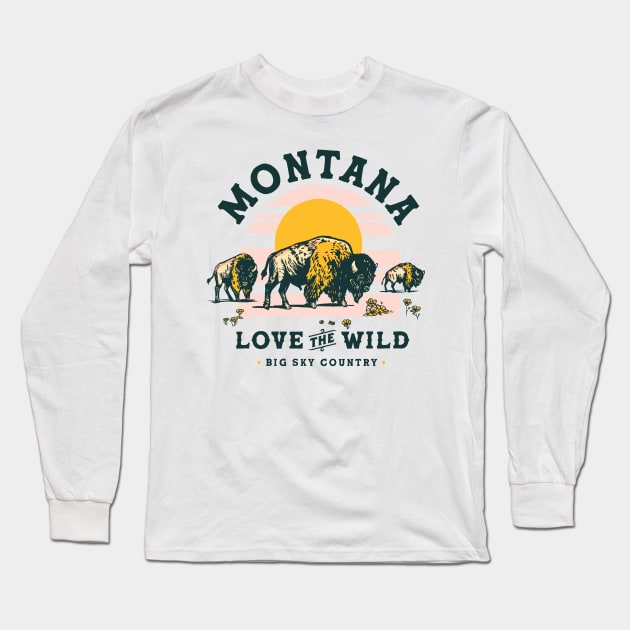 Big Sky Country, Montana. Cool Retro Travel Art Featuring A Buffalo Long Sleeve T-Shirt by The Whiskey Ginger